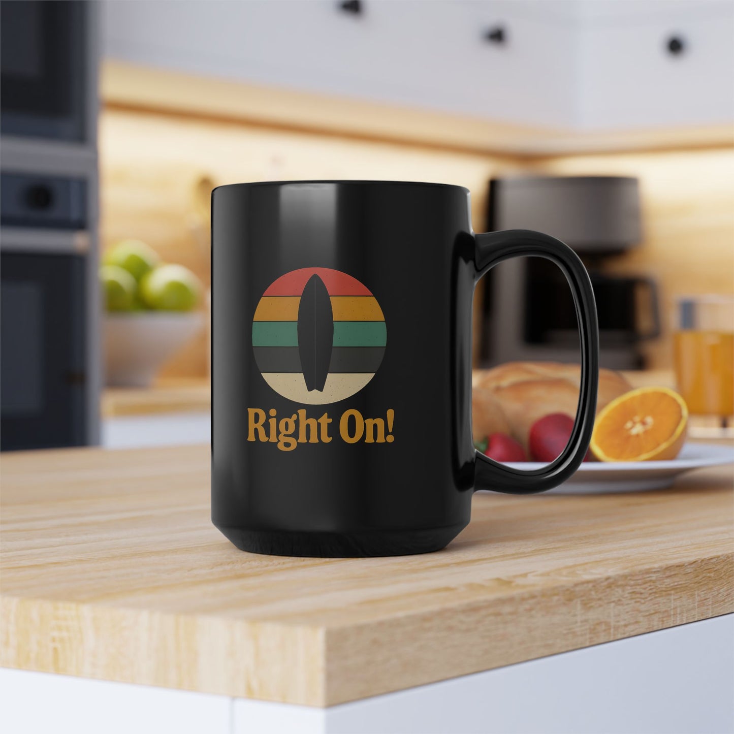 Right On! - Retro 70s Groovy Surf Black Coffee Mug (11oz, 15oz)
