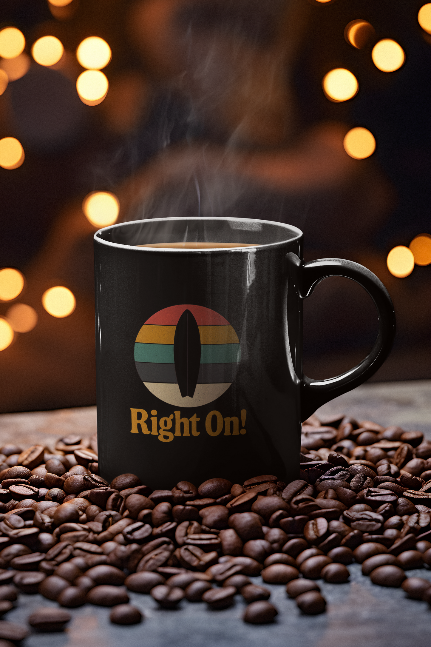 Right On! - Retro 70s Groovy Surf Black Coffee Mug (11oz, 15oz)
