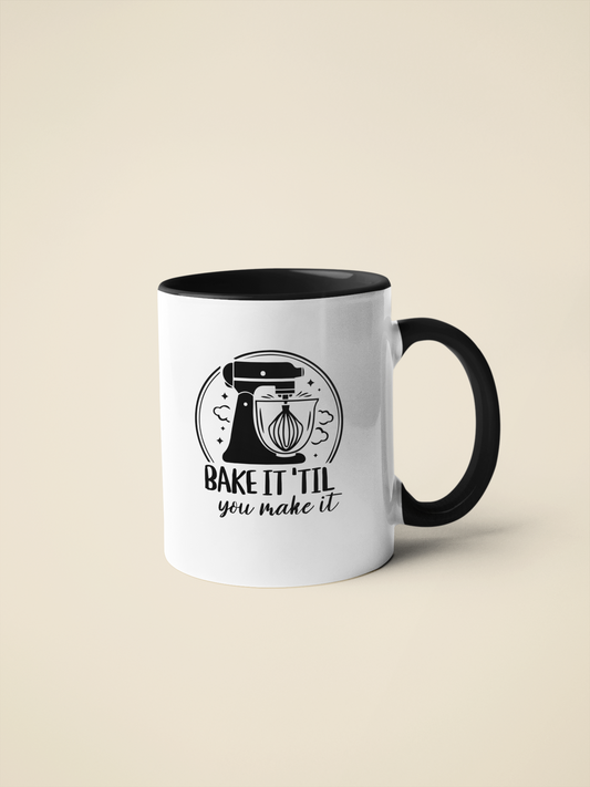 “Bake It 'Til You Make It” Ceramic Mug – Retro Stand Mixer Design (11oz, 15oz)