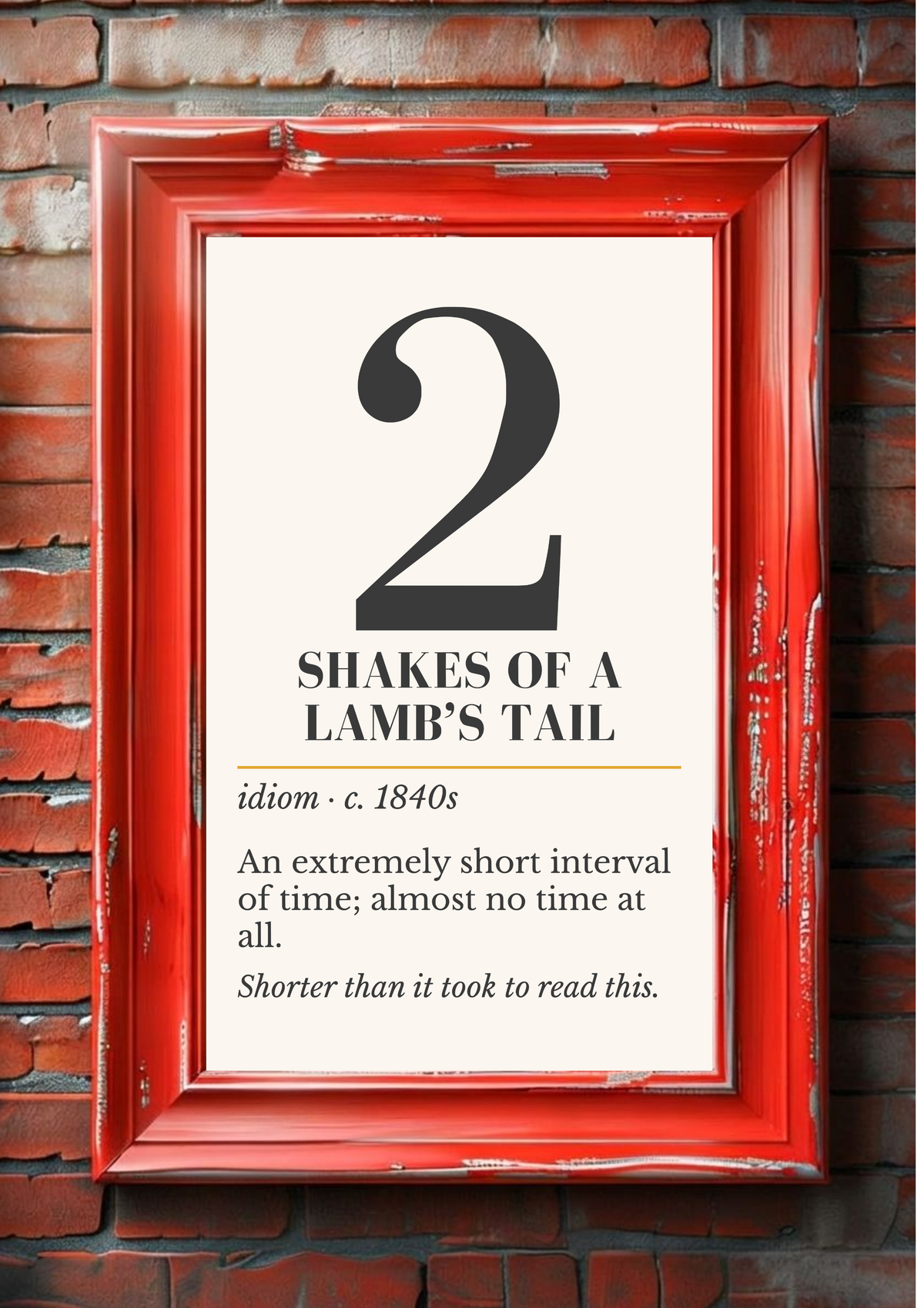 2 Shakes of a Lamb's Tail Print, Vintage Idiom Definition Wall Art, Retro Number Print