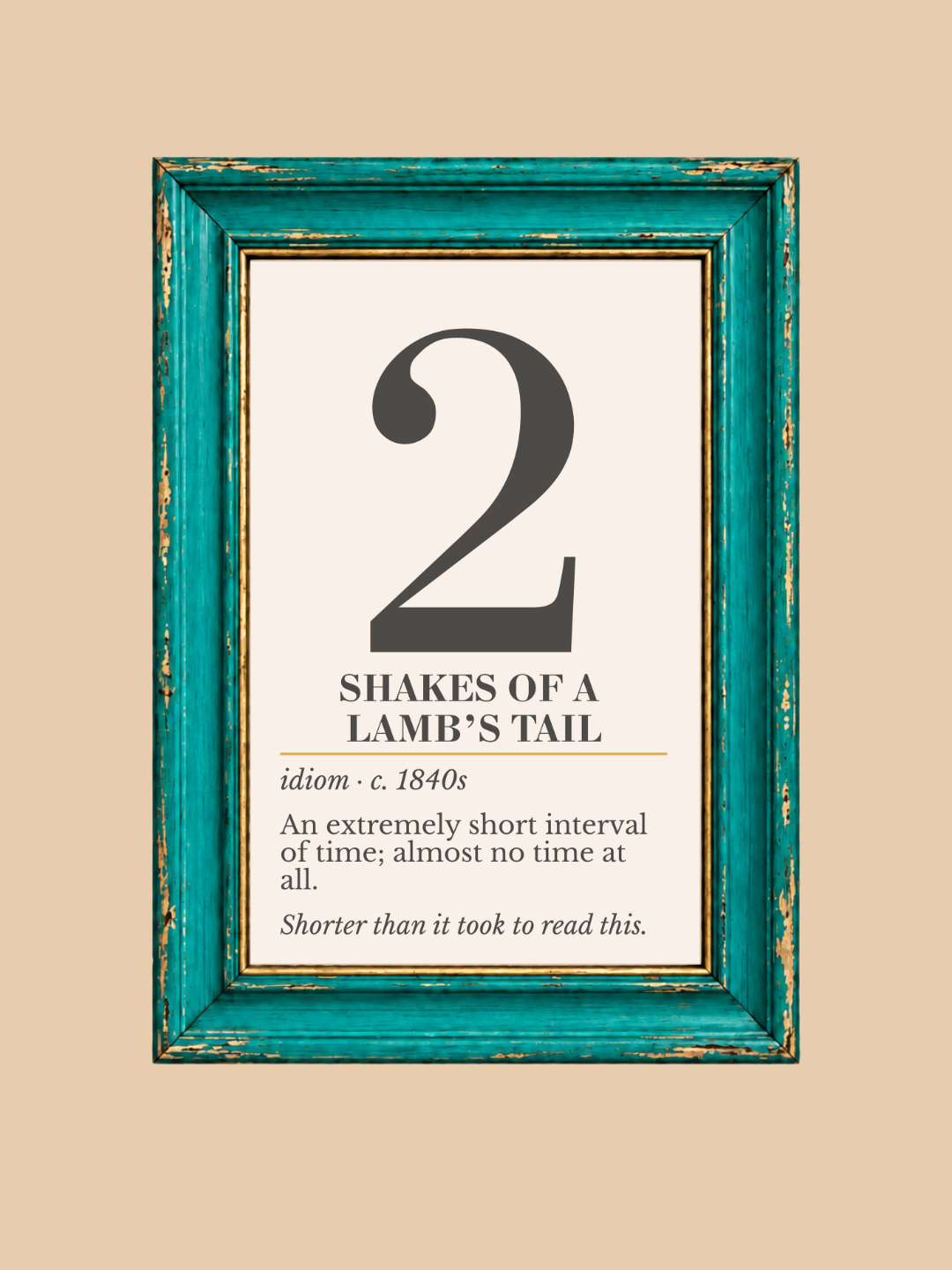2 Shakes of a Lamb's Tail Print, Vintage Idiom Definition Wall Art, Retro Number Print