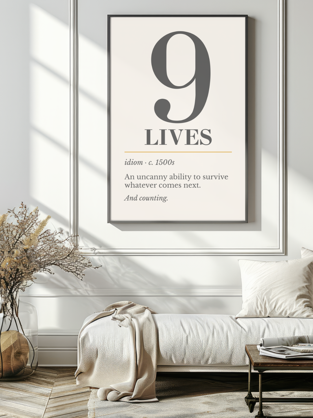 Nine Lives Print, Retro Definition Wall Art — Word Art Poster, Cat Lover Gift