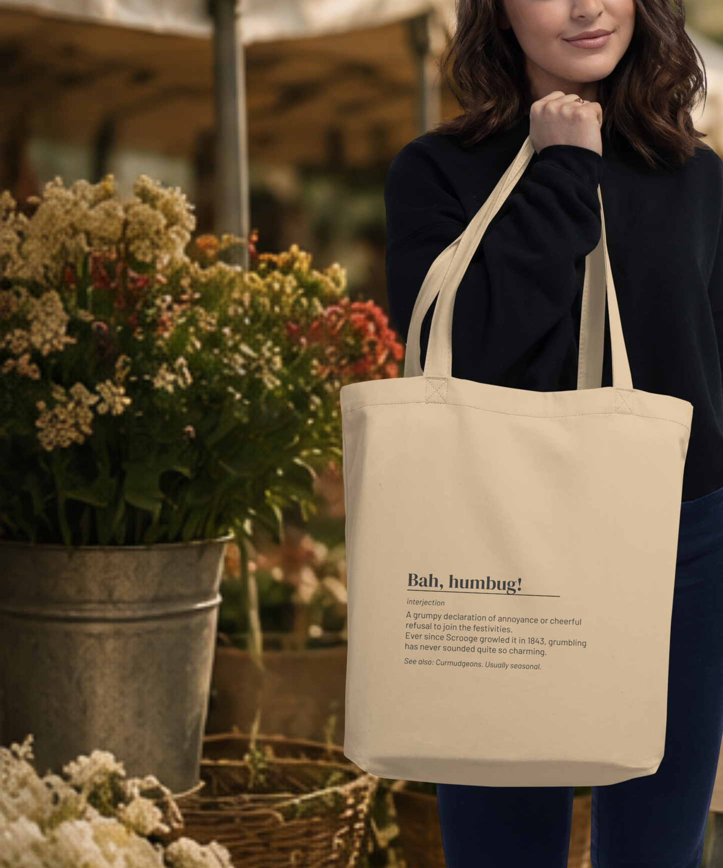 Bah, Humbug! Tote — Vintage Holiday Slang Canvas Bag, Grumpy Gift