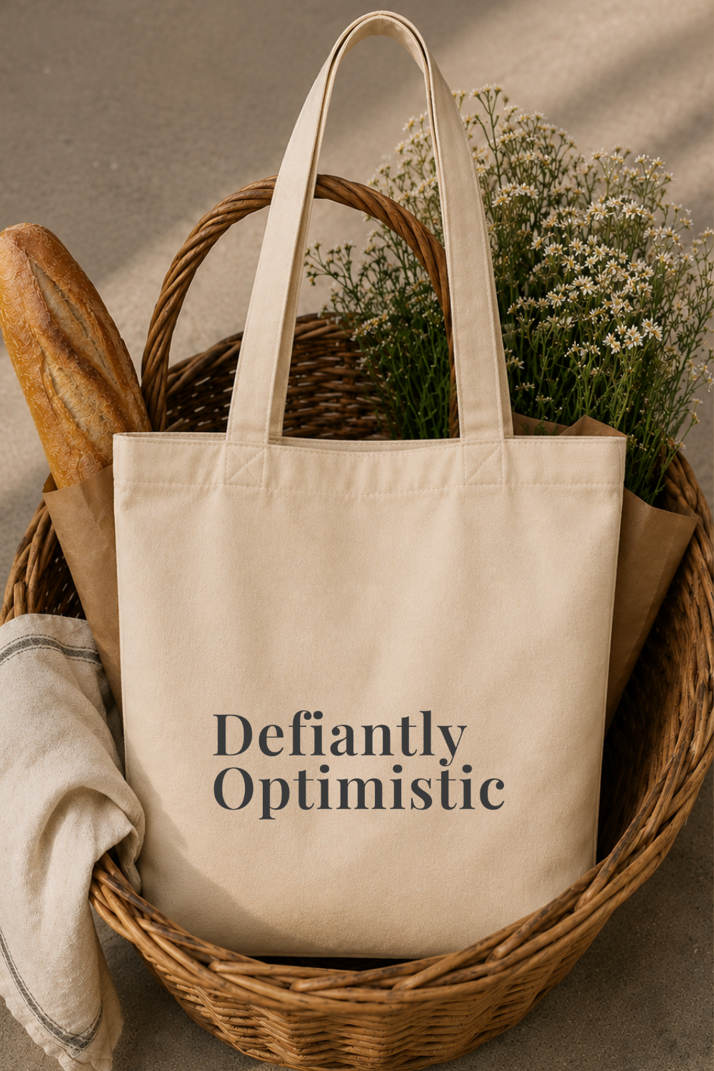 Defiantly Optimistic Canvas Tote — Retro Inspired Market Bag, Motivational Gift