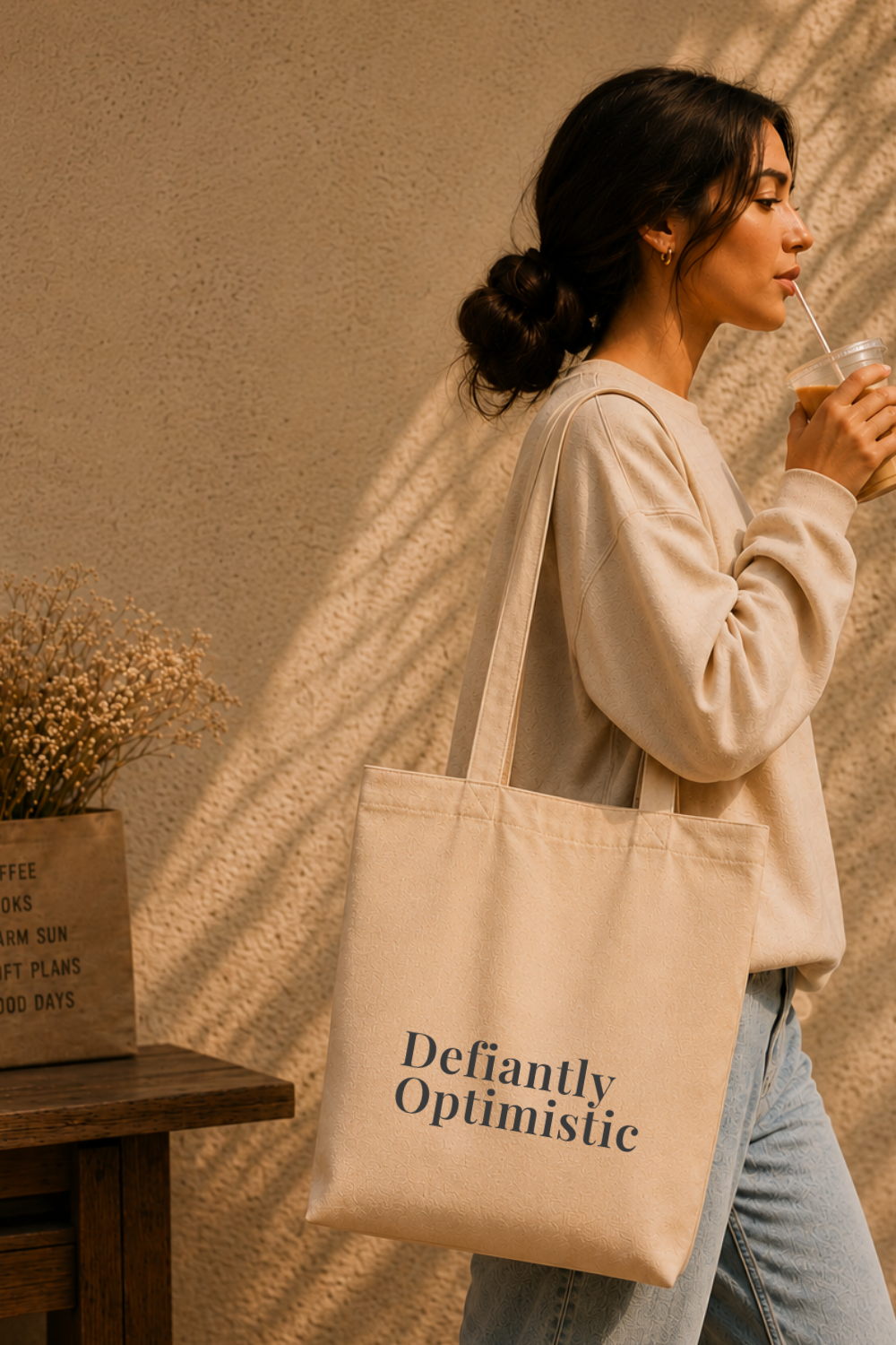 Defiantly Optimistic Canvas Tote — Retro Inspired Market Bag, Motivational Gift