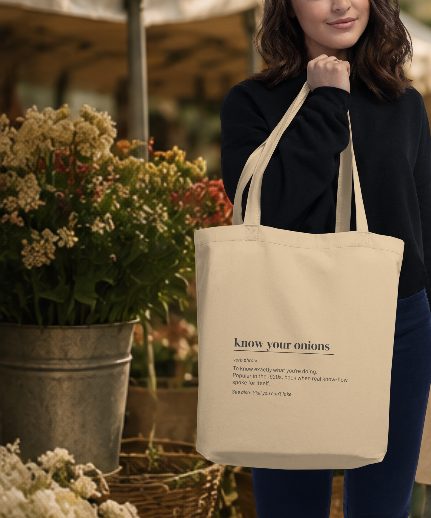 Know Your Onions Tote — Vintage Slang Canvas Bag, 1920s Wit Gift