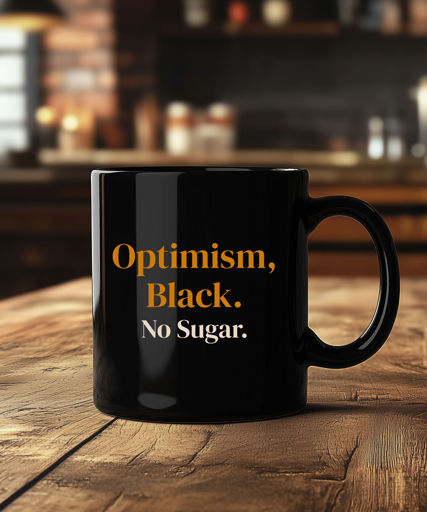 Optimism Black No Sugar Coffee Mug — Funny Gift for Her, Unique Empowering Mug