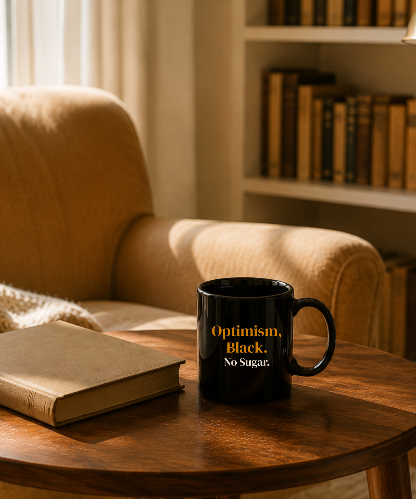 Optimism Black No Sugar Coffee Mug — Funny Gift for Her, Unique Empowering Mug