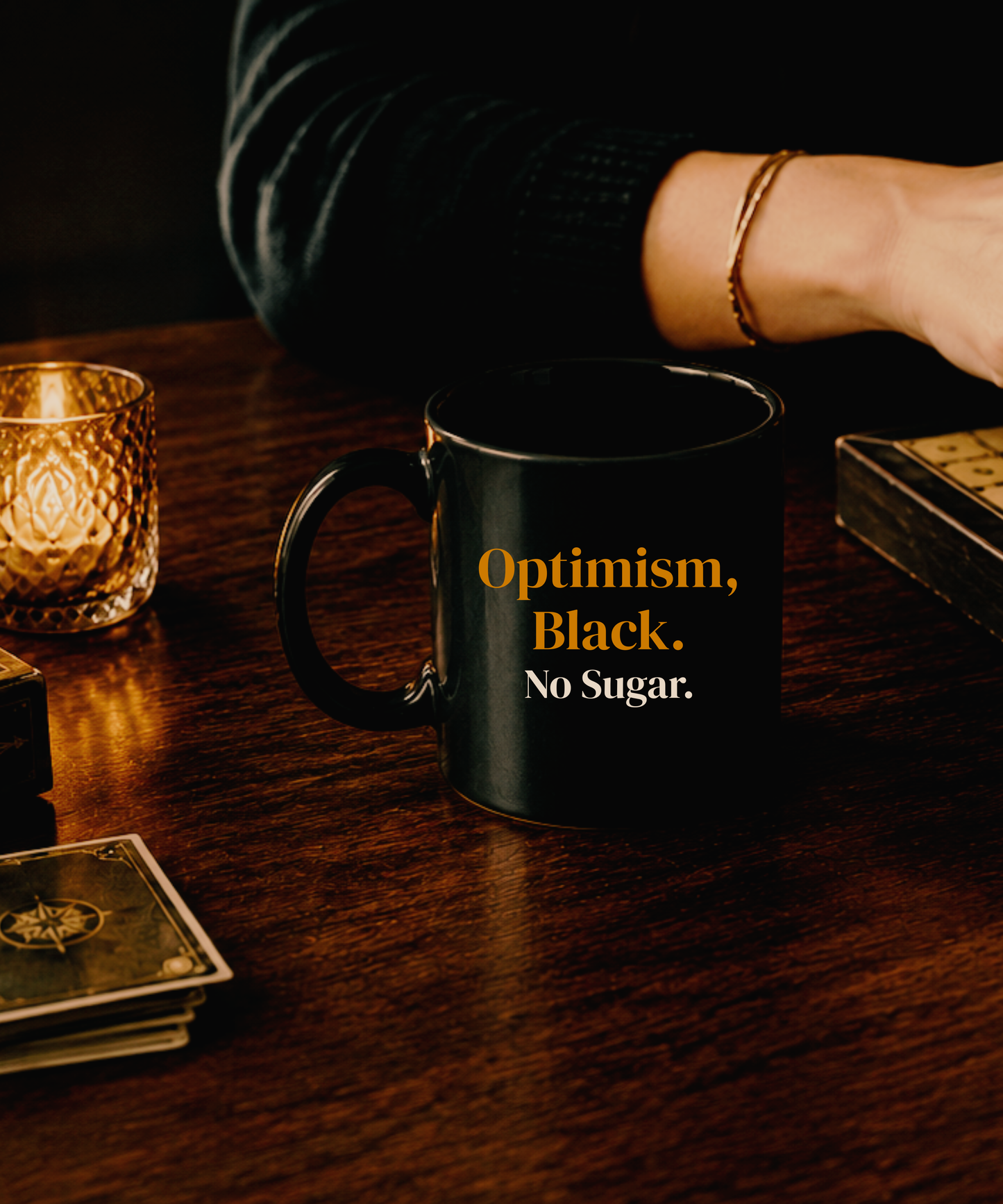 Optimism Black No Sugar Coffee Mug — Funny Gift for Her, Unique Empowering Mug
