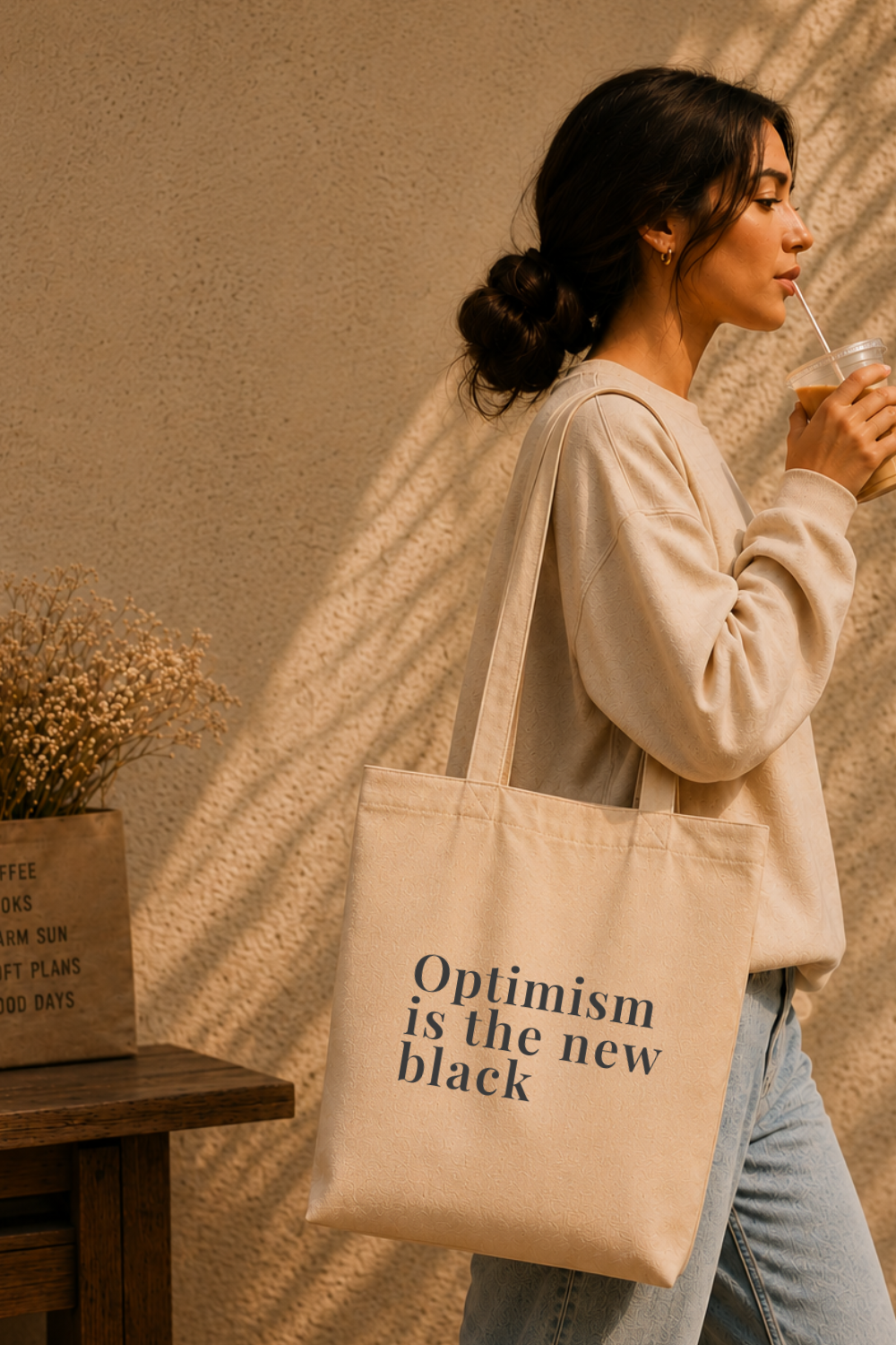 Optimism Is the New Black Canvas Tote — Retro Quote Market Bag, Vintage Inspired Gift