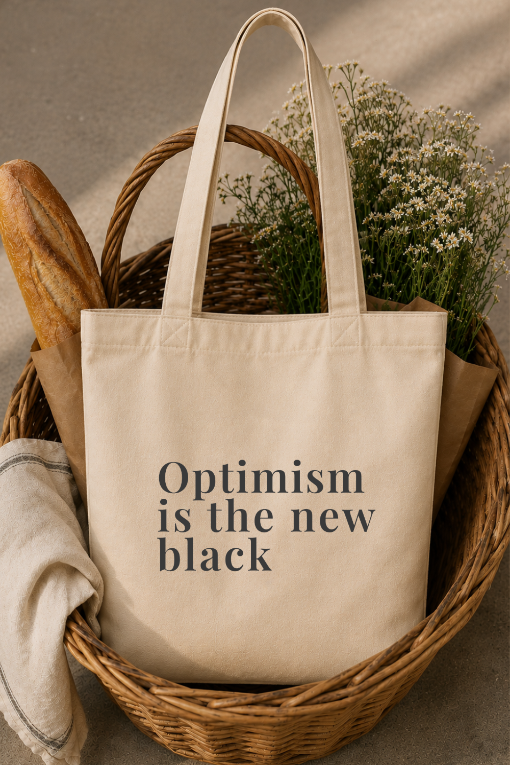 Optimism Is the New Black Canvas Tote — Retro Quote Market Bag, Vintage Inspired Gift