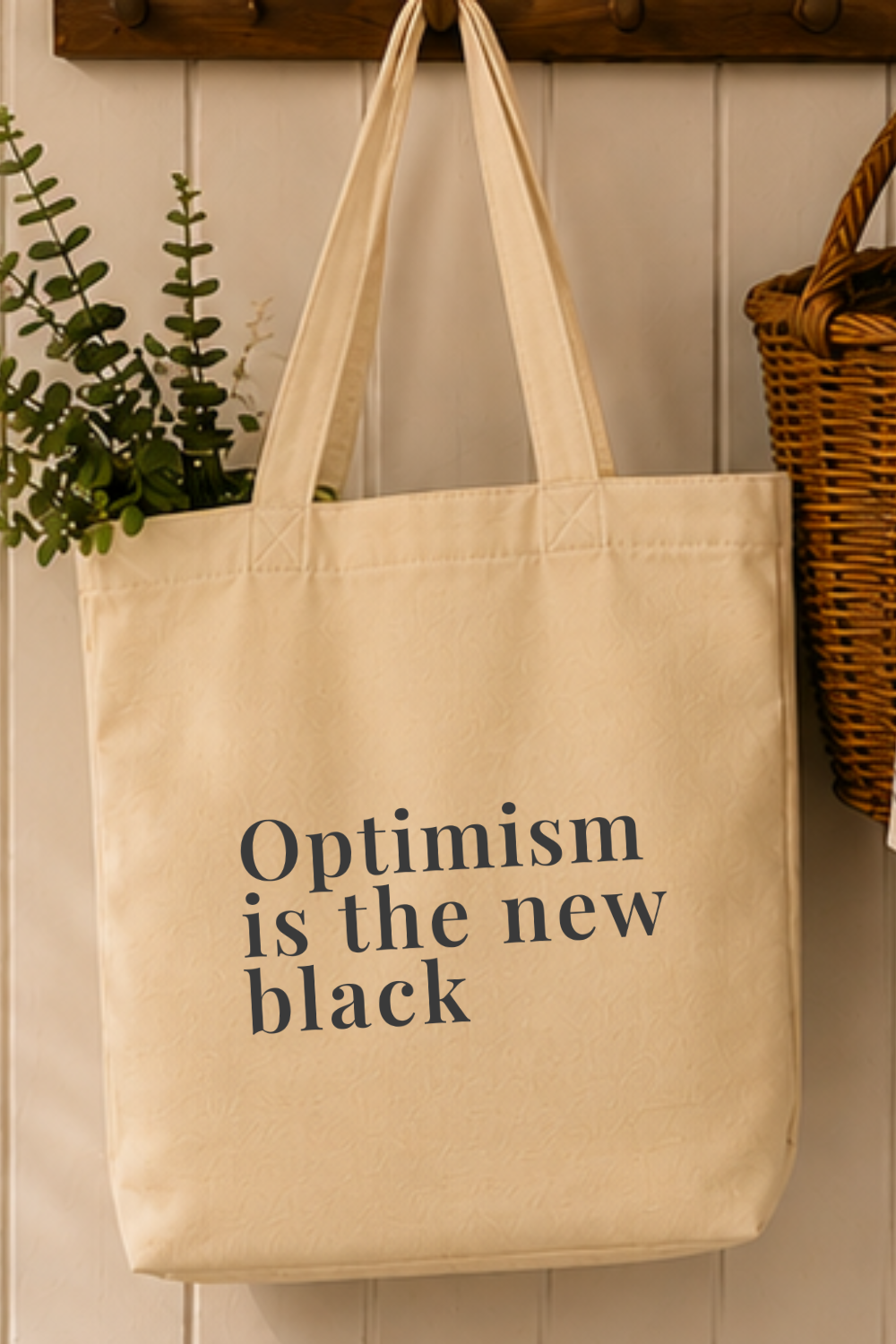 Optimism Is the New Black Canvas Tote — Retro Quote Market Bag, Vintage Inspired Gift