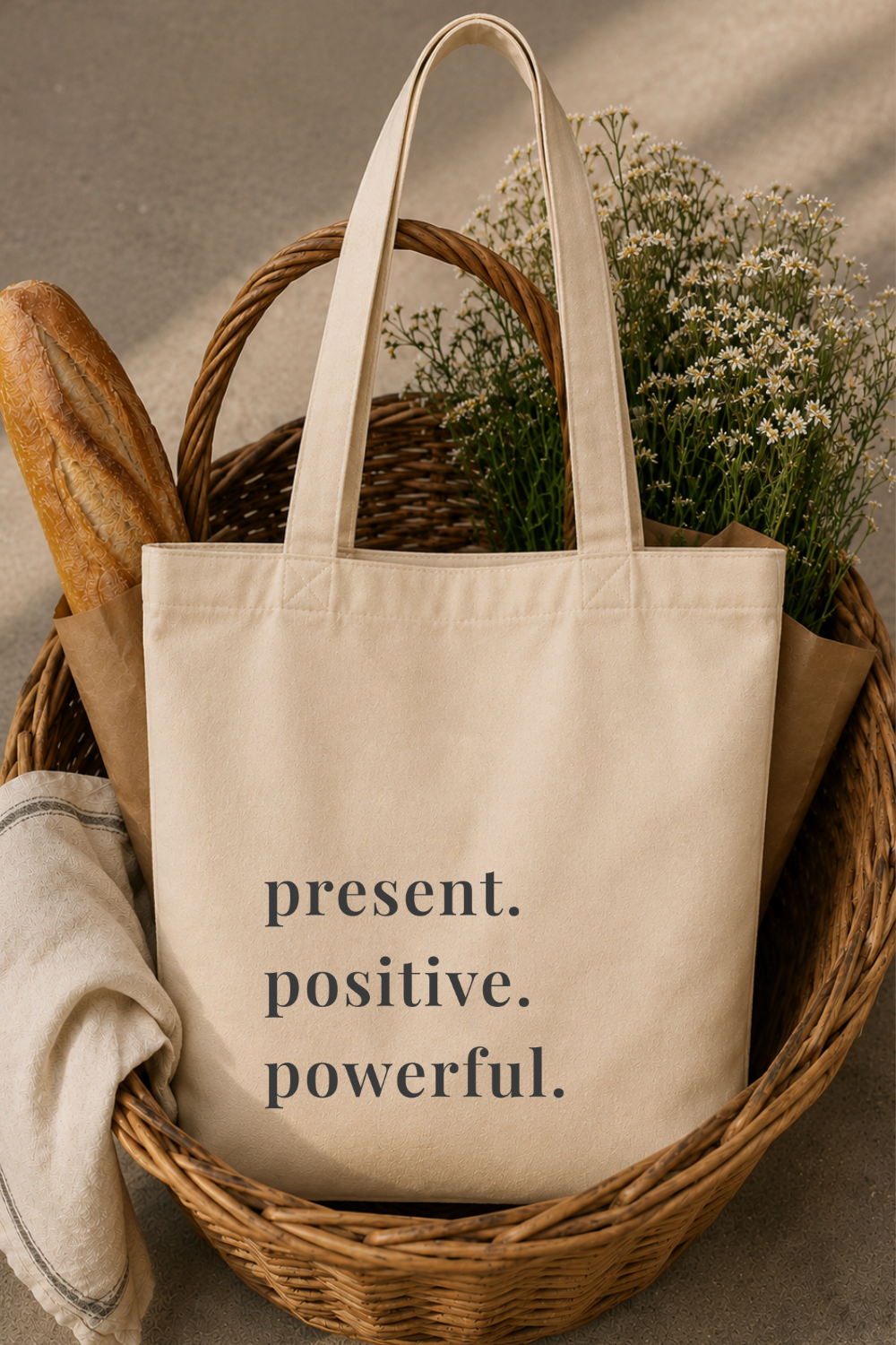 Present Positive Powerful Canvas Tote — Retro Typography Bag, Motivational Gift Women