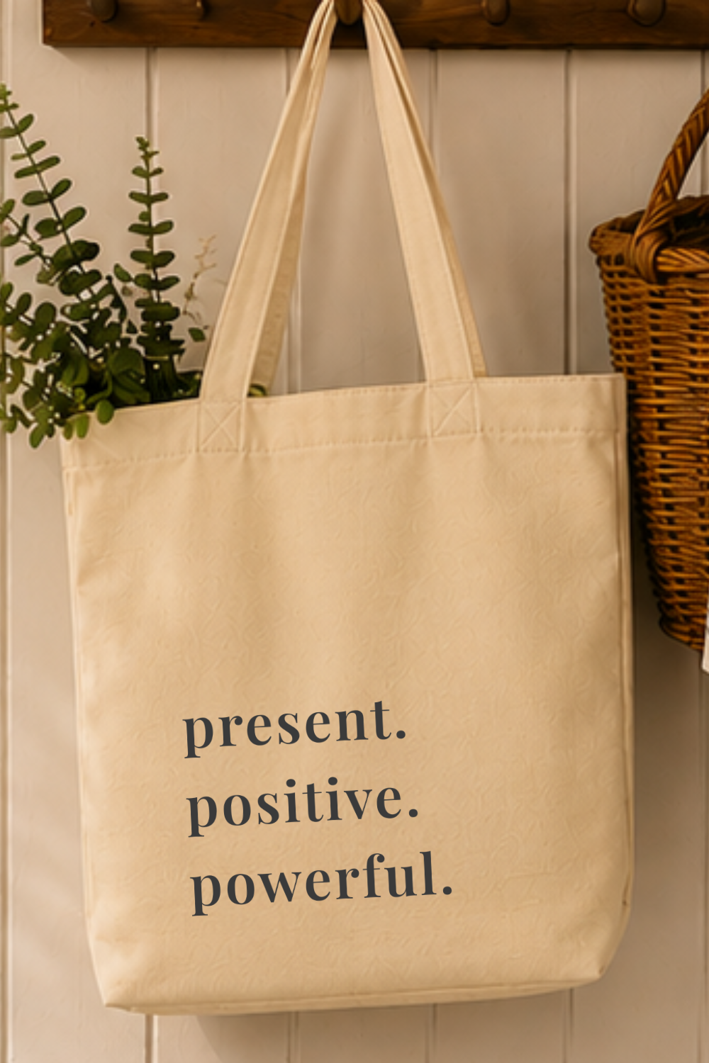 Present Positive Powerful Canvas Tote — Retro Typography Bag, Motivational Gift Women