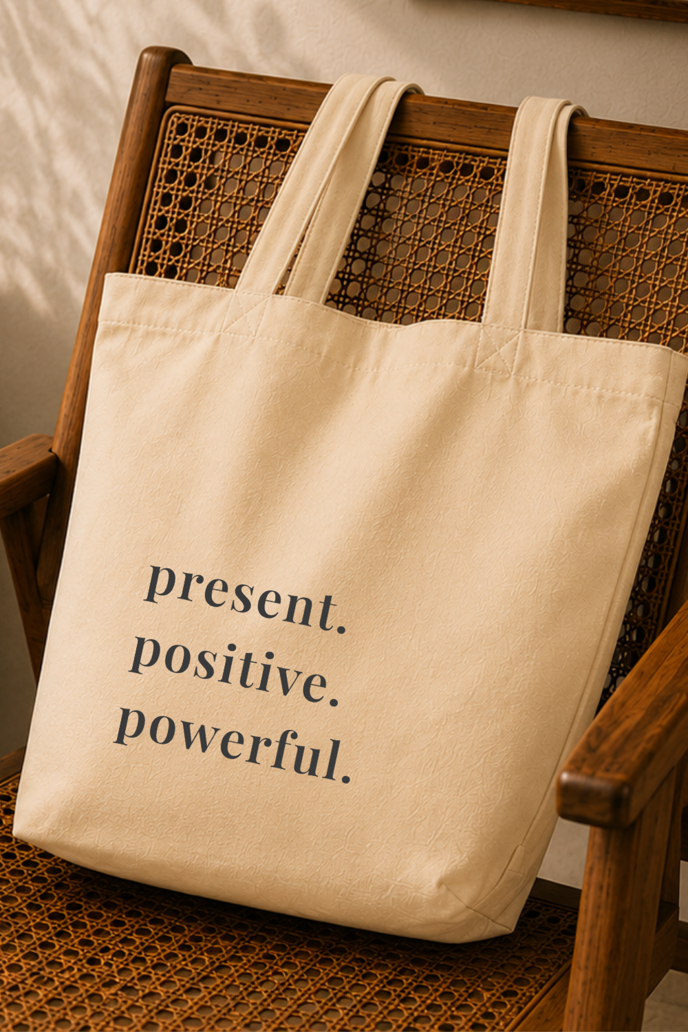 Present Positive Powerful Canvas Tote — Retro Typography Bag, Motivational Gift Women