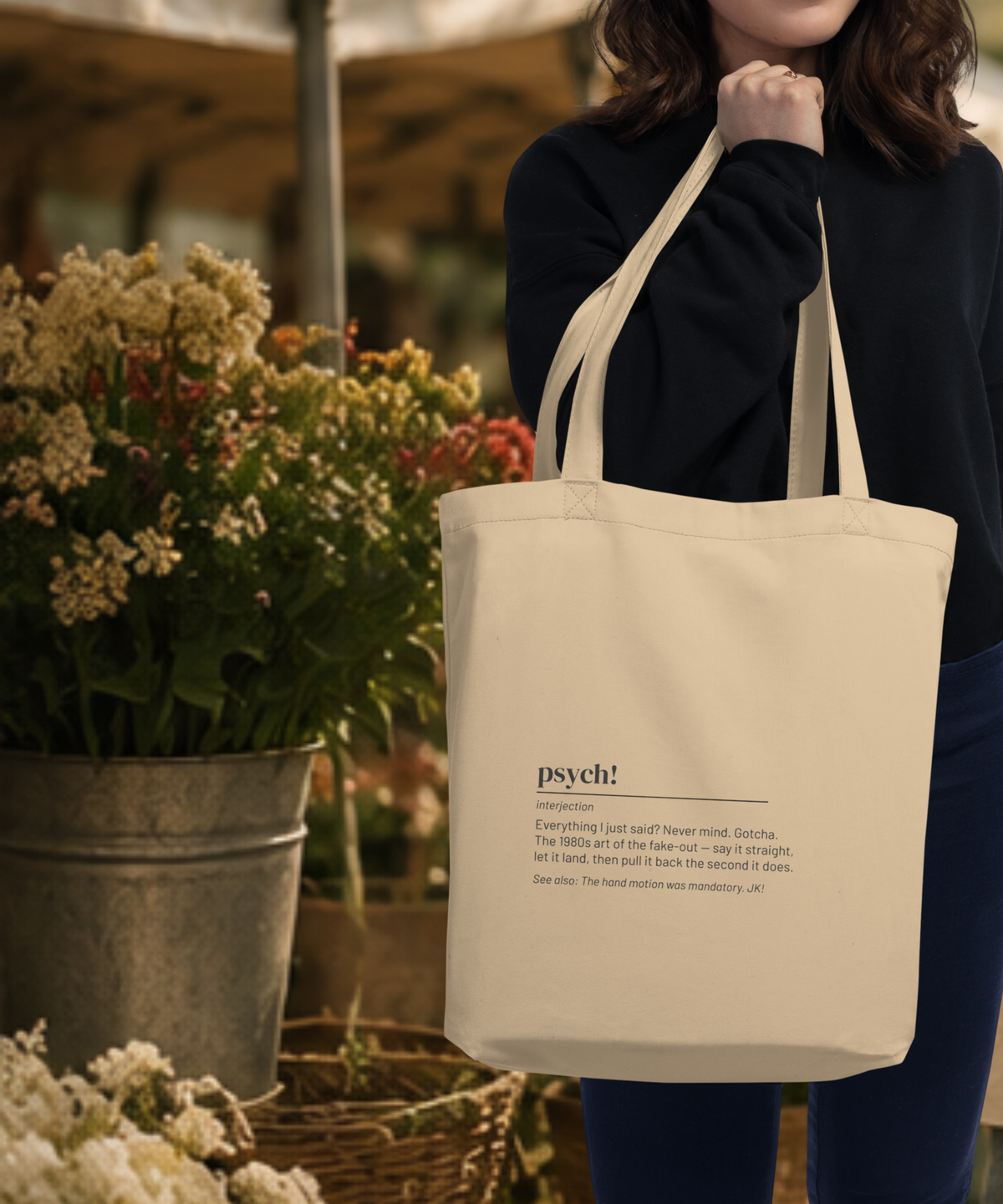 Psych! — 80s Slang Definition Tote Bag, Gen X Gift, Retro Humor Canvas Bag