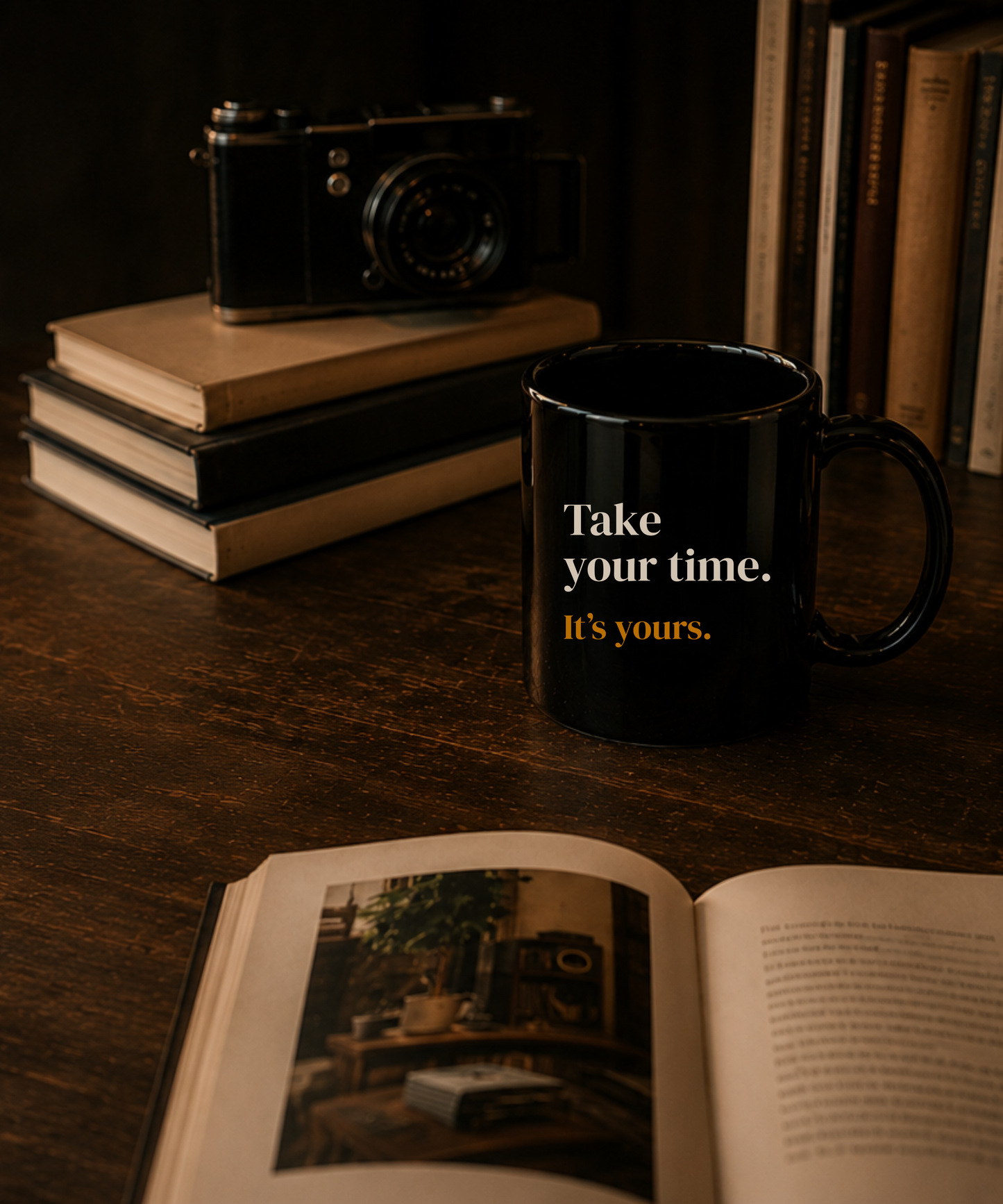 Take Your Time It’s Yours Black Mug | Vintage Inspired Coffee Cup, Slow Living Quote, Cozy Gift for Book Lovers, Old Soul