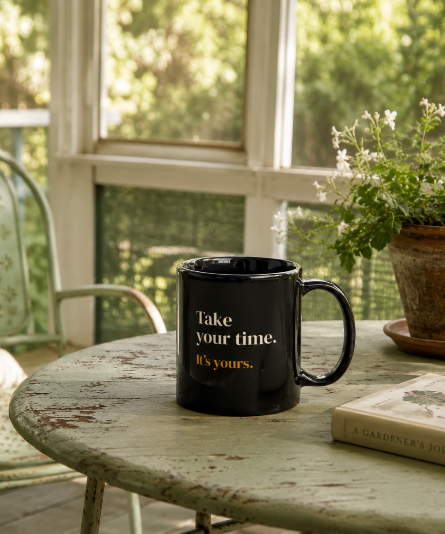 Take Your Time It’s Yours Black Mug | Vintage Inspired Coffee Cup, Slow Living Quote, Cozy Gift for Book Lovers, Old Soul